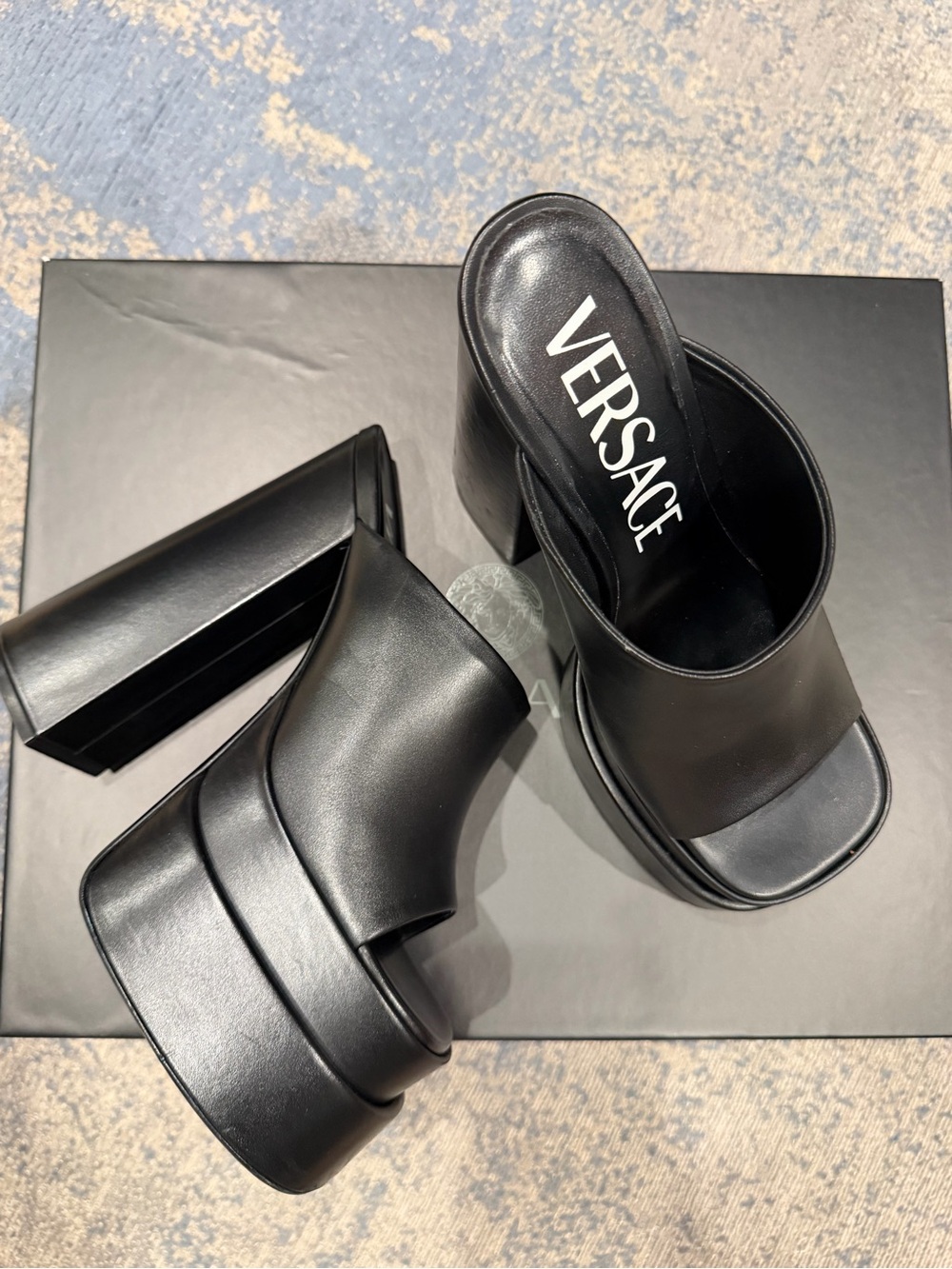 Versace Black Leather Platform Slide Heels
